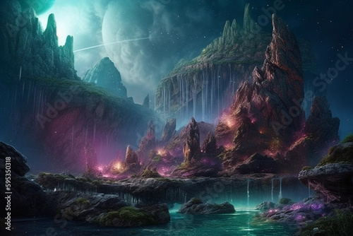 BEAUTIFUL Galactica Fantasy Waterfall Landscape with planets, rock, water, colorful, and beautiful light. IA generated © AI DREAMS