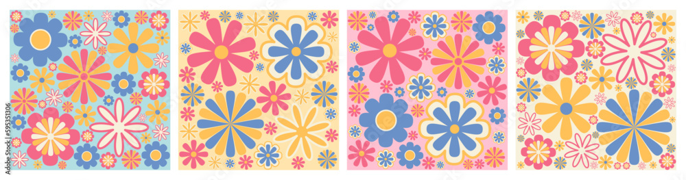 Abstract retro aesthetic backgrounds set with groovy daisy flowers. Vintage floral mid century art prints. Hippie 60s, 70s, 80s style. Danish pastel wall art