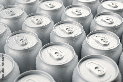 A 3D illustration of multiple lines of white soda or fizzy drink beverage cans. Generative AI