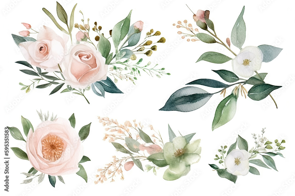 custom made wallpaper toronto digitalEnsemble d'éléments individuels d'illustration florale à l'aquarelle - feuilles vertes, fleurs blanches de pêche rose bordeaux, branches. Invitations de mariage fonds d'écran imprimés de mode. Eucalyp