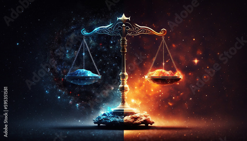 Ai generated illustration scales of justice on the background of the galaxy