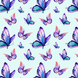 A pattern of morpho butterflies. Watercolor illustration on an isolated background. Multicolored wings, purple, pink, orange. Animals, wildlife.