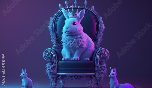 White bunny in a royal throne neon illustration AI Generated