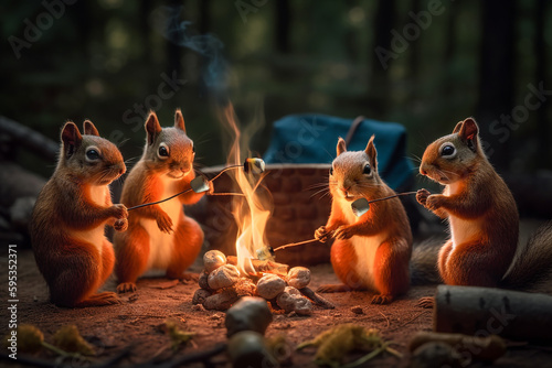 Group of friendly squirrels roasting marshmallows in front of a campfire during a camping period