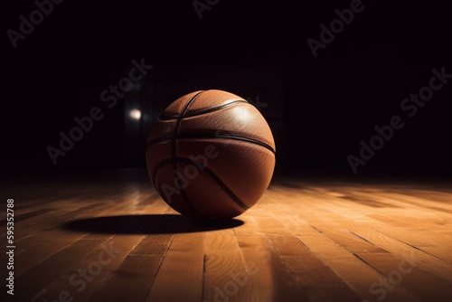 Basketball on brown wooden floor made of white leather. Generative AI
