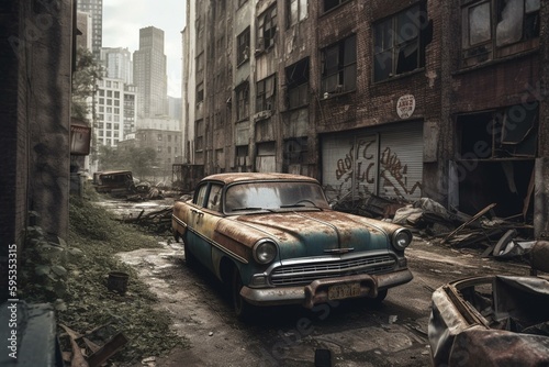 Desolate urban landscape with vintage vehicle amidst decaying buildings. Generative AI