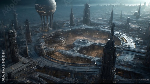 Fototapeta Naklejka Na Ścianę i Meble -  planet earth viewed from low earth orbit with moon in the background and some 22th century monumental epic cyberpunk station and satellite megastructures at the distance. generative AI