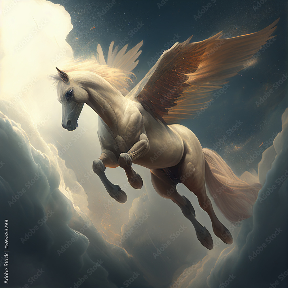 white horse flying in the sky, Pegasus winged legendary white horse