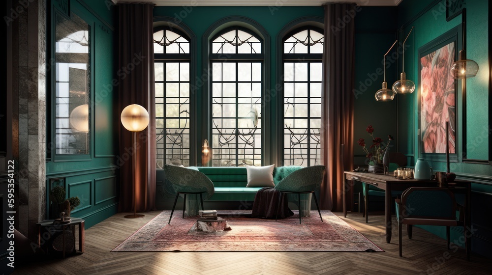 Fototapeta premium Art deco interior design room with beautiful lightning generative ai