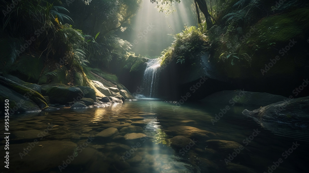 A detailed image of a beautiful nature scenery, showcasing a serene waterfall cascading into a crystal-clear pool during a peaceful early morning, taken with a Sony A7R III, using a 16-35mm f/2.8 lens