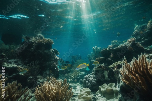 Underwater ecosystem with diverse marine life. Generative AI