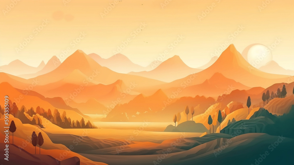 Landscape illustration, rising sun and mountains background. Generative AI.