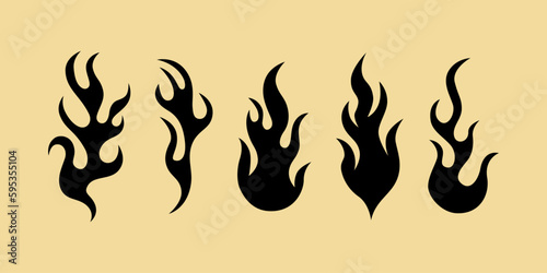 Vector design set, flames and fire, acid neo tribal shapes, y2k elements and abstract illustrations in gothic style, gothic and acid tattoos and print templates