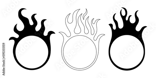 Vector design set, flames and fire, acid neo tribal shapes, y2k elements and abstract illustrations in gothic style, gothic and acid tattoos and print templates