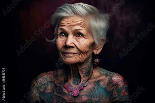 Close up of old woman with completely tattooed upper body against dark background. Generativ AI