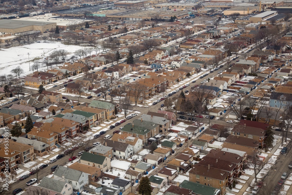 Aerial view of a residential suburb area in Chicago
