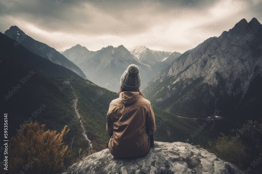 A young woman sitting in the midst of beautiful natural landscape enjoying the freedom and adventure of her travel. The lush green forest, towering mountains provide a breathtaking view. Generative AI