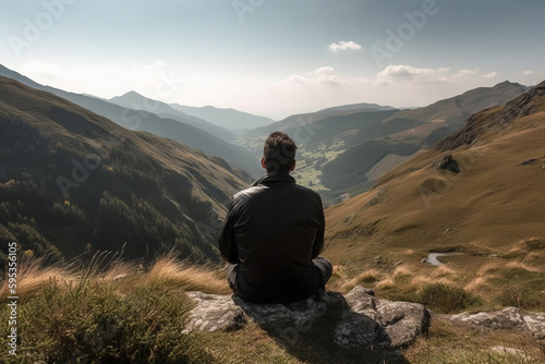 A young man sitting in the midst of a beautiful natural landscape enjoying the freedom and adventure of his travel. The lush green forest, towering mountains provide a breathtaking view. Generative AI
