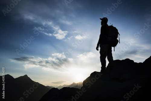 Silhouette of man, stands triumphantly on top of the mountain.Successful journey in adventure and business. Leader and an active traveler, reaching new heights, conquering challenges. Generative AI