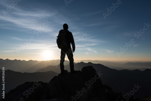 Silhouette of man  stands triumphantly on top of the mountain.Successful journey in adventure and business. Leader and an active traveler  reaching new heights  conquering challenges. Generative AI