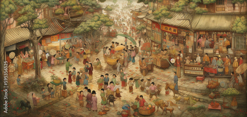 depicts people playing and buying in a market in , Generative AI