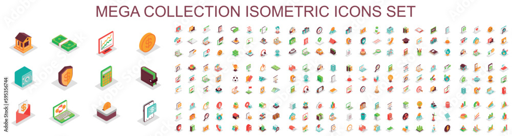 Mega set of vector isometric icons. Contains such Icons as SEO, Marketing, Science, Virtual Reality, Social Media, Development, Finance, Banking and more. Bundle icon. Isometry pictogram pack. - obrazy, fototapety, plakaty 