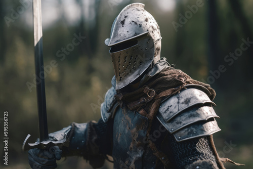 On the battlefield, a lone armored knight stands with a sword in hand.revealing marks of past battles. The warrior is ready to fight. Medieval war reconstitution. Photo of armored knight Generative AI