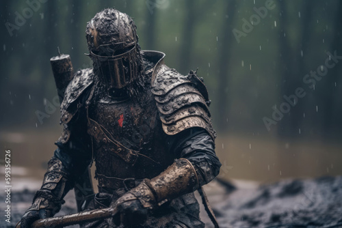On the battlefield, a lone armored knight stands with a sword in hand.revealing marks of past battles. The warrior is ready to fight. Medieval war reconstitution. Photo of armored knight Generative AI photo