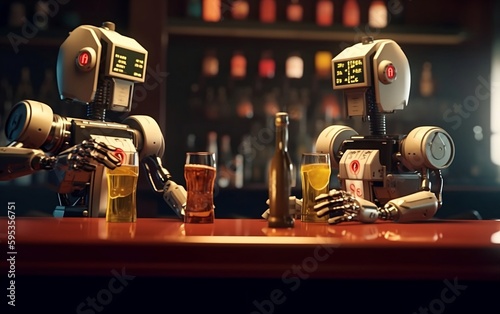 Two robots drinking in the pub. Generative AI technology.