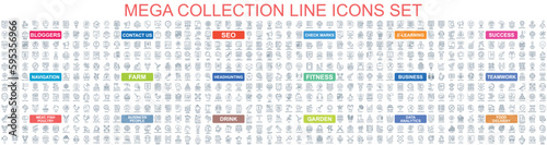Mega set of vector simple line icons. Contains such Icons as Business, Teamwor, SEO, Contact Us, Blogger, Learning, Analytics, Delivery, Navigation and more. Bundle icon. Outline pictogram pack.