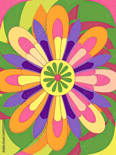Retro 70s groovy swirl burst  floral design  summer carnival backdrop  nostalgic wall art  poster  card. Generative AI