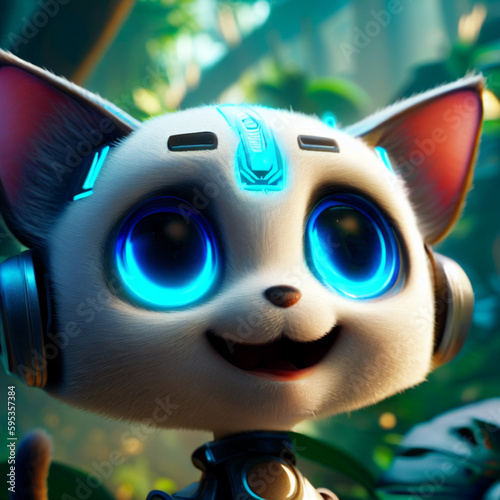 White robot kitten smiling, Generative AI