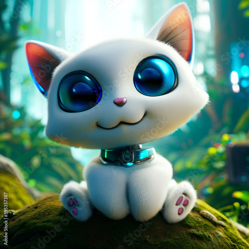 cute robot kitten, sitting with bowed head, Generative AI