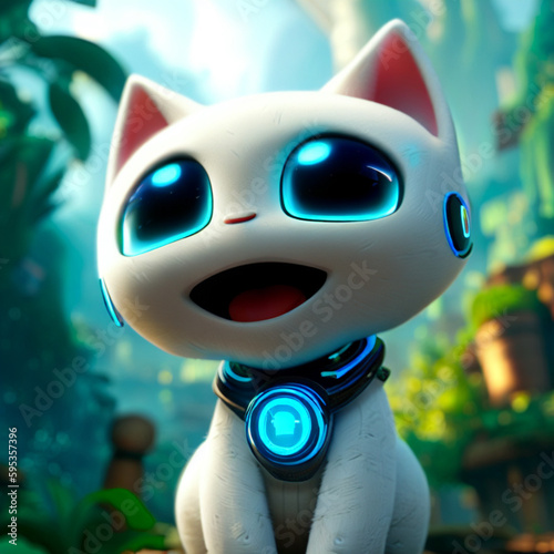 robot kitty smiling in a jungle, Generative AI