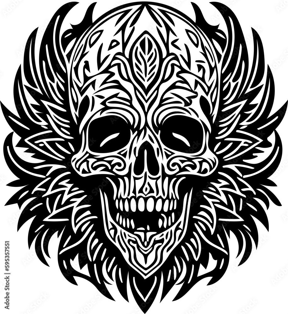 Vector illustration of tribal human skull in black and white, tattoo design 