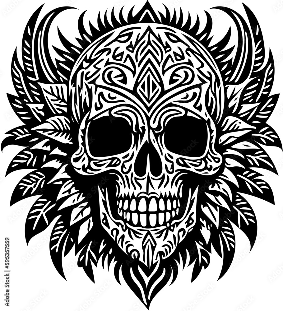 Vector illustration of tribal human skull in black and white, tattoo design 