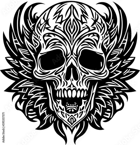 Vector illustration of tribal human skull in black and white, tattoo design 