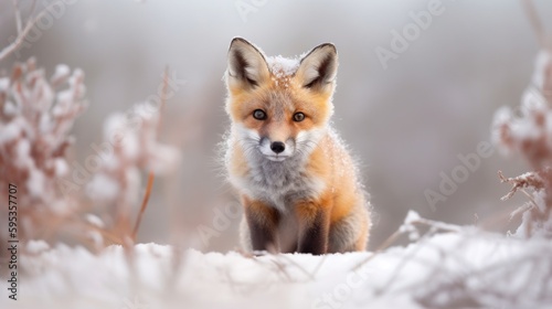 Baby fox in arctic snow landscape generative ai © Hixel