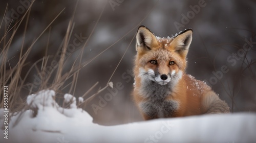 Baby fox in arctic snow landscape generative ai © Hixel