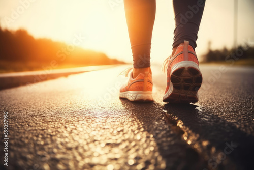 A close-up photo of athletic shoes worn by a young woman runner.Running outdoors, with the sun shining down as she moves along a path. Active lifestyle, exercise to stay fit and healthy Generative AI