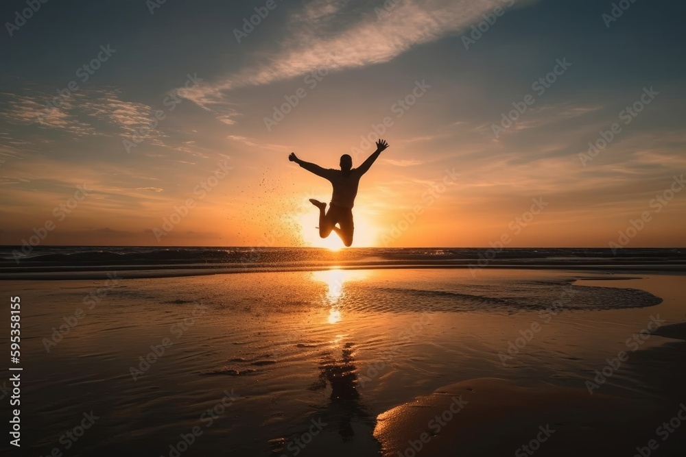 A lone man jumps with joy on a beautiful beach during sunset, enjoying the warmth of summer sun and the refreshing sea breeze. The silhouette of the man, freedom, happiness, pure bliss. Generative AI