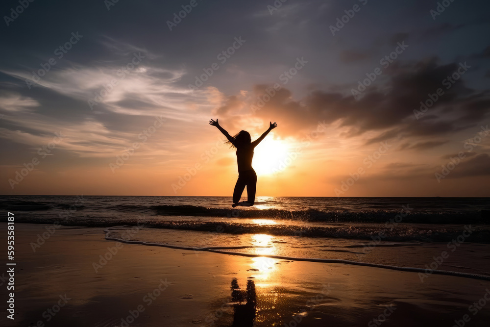 A woman jumps on the beach at sunset, her silhouette against the orange sky and the vast ocean. Happiness and freedom, a carefree spirit enjoying nature and the beauty of the outdoors. Generative AI