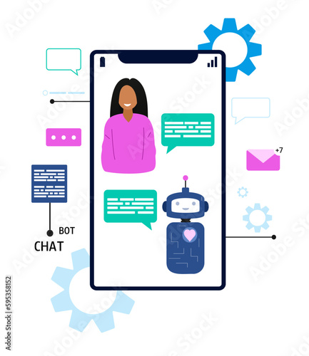 Chatbot vs livechat. Character and online robot. Virtual assistant. Artificial intelligence technology concept. Flat vector illustration. photo