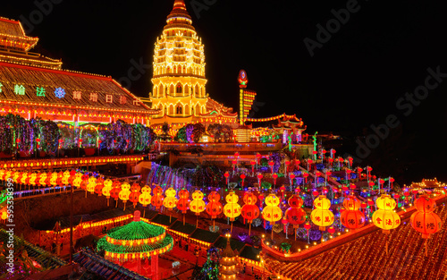 Kek Lok Si temple illuminated with thousand of lanterns to celebrate Chinese New Year 2023 in Penang - Malaysia