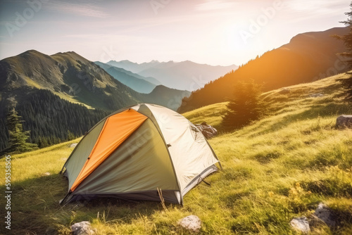 The tent is set up, stunning mountain landscape. Summer sun illuminating the natural beauty of the surrounding forest. This idyllic camping spot offers outdoor adventure and relaxation. Generative Ai