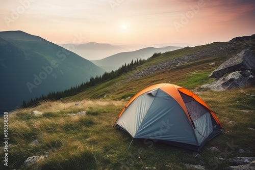 The tent is set up, stunning mountain landscape. Summer sun illuminating the natural beauty of the surrounding forest. This idyllic camping spot offers outdoor adventure and relaxation. Generative Ai