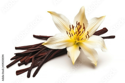 Vanilla flower and dried vanilla beans isolated on white background. Generative AI