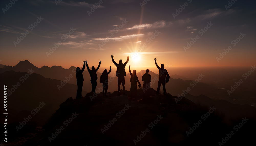 Corporate team celebrating success on a mountain top