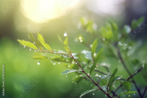A green branch with leaves in natural environment. The fresh foliage and evergreen tree create a beautiful and healthy landscape, textures and botanical beauty of the spring and summer. Generative Ai