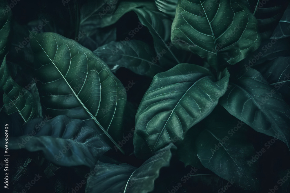 Obraz premium A tropical textured background with leaves and plants, perfect for a summer-themed decoration or wallpaper. The green and fresh design features palm trees and monstera leaves. Generative AI
